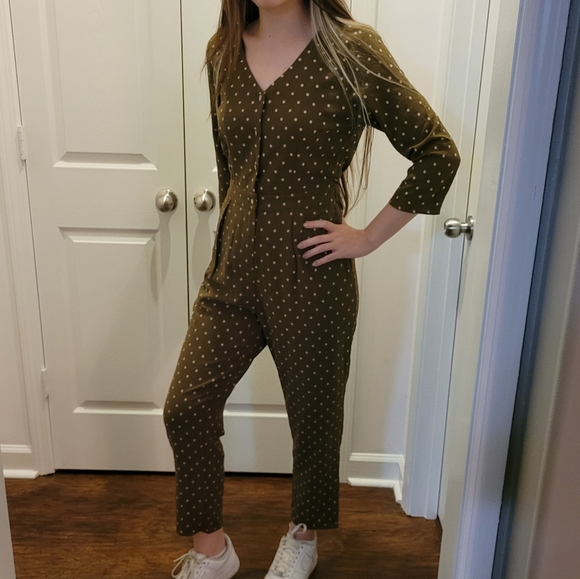 Roolee Polka Dot Jumpsuit Olive Green Button Down 3/4 Sleeve Size Small - Picture 2 of 12